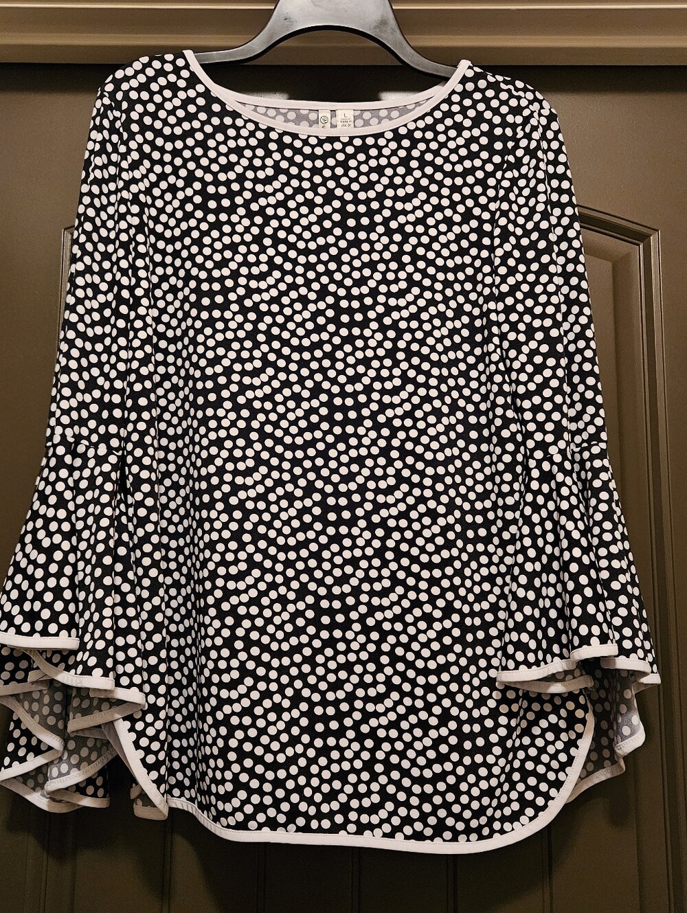 Versona Polka Dot Long Sleeve Blouse, Bell Flared Sleeves, Black/White - Size L - Picture 1 of 9